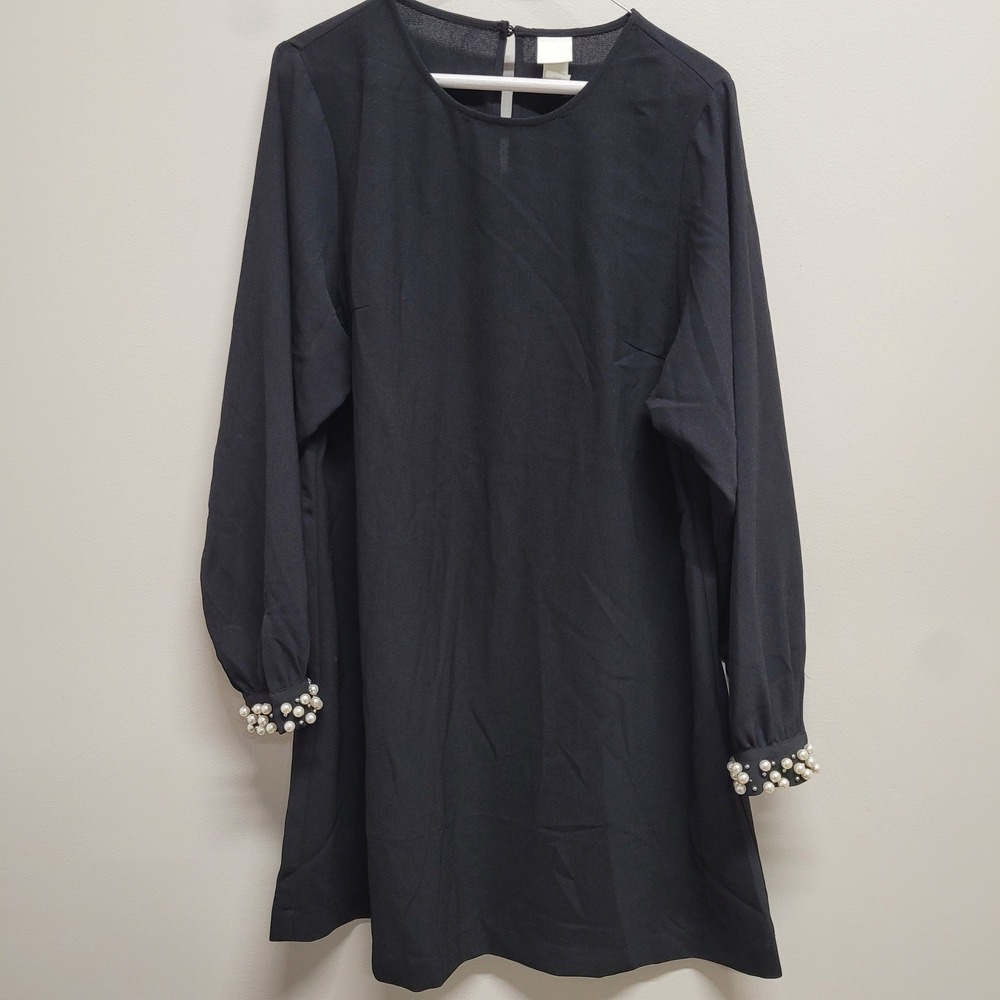 H&M Black Long Sleeve Shift Dress Pearl Embellished Cuffs Pockets US 8 0830770 0